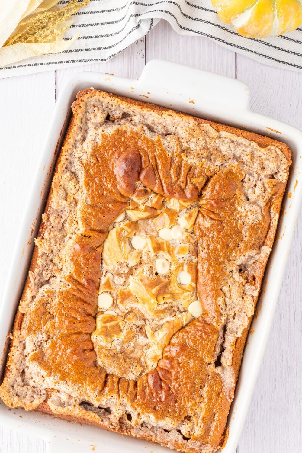 overhead view of cake in a pan on the table