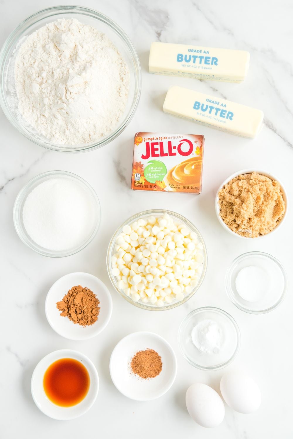 ingredient for pudding cookies on marble counter
