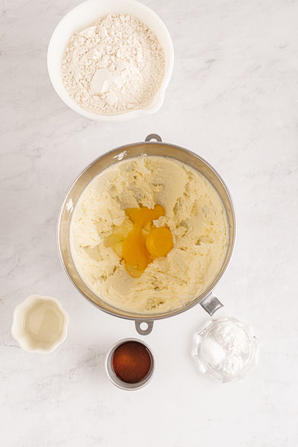 overhead sugar cookie dough being mixed up in a bowl