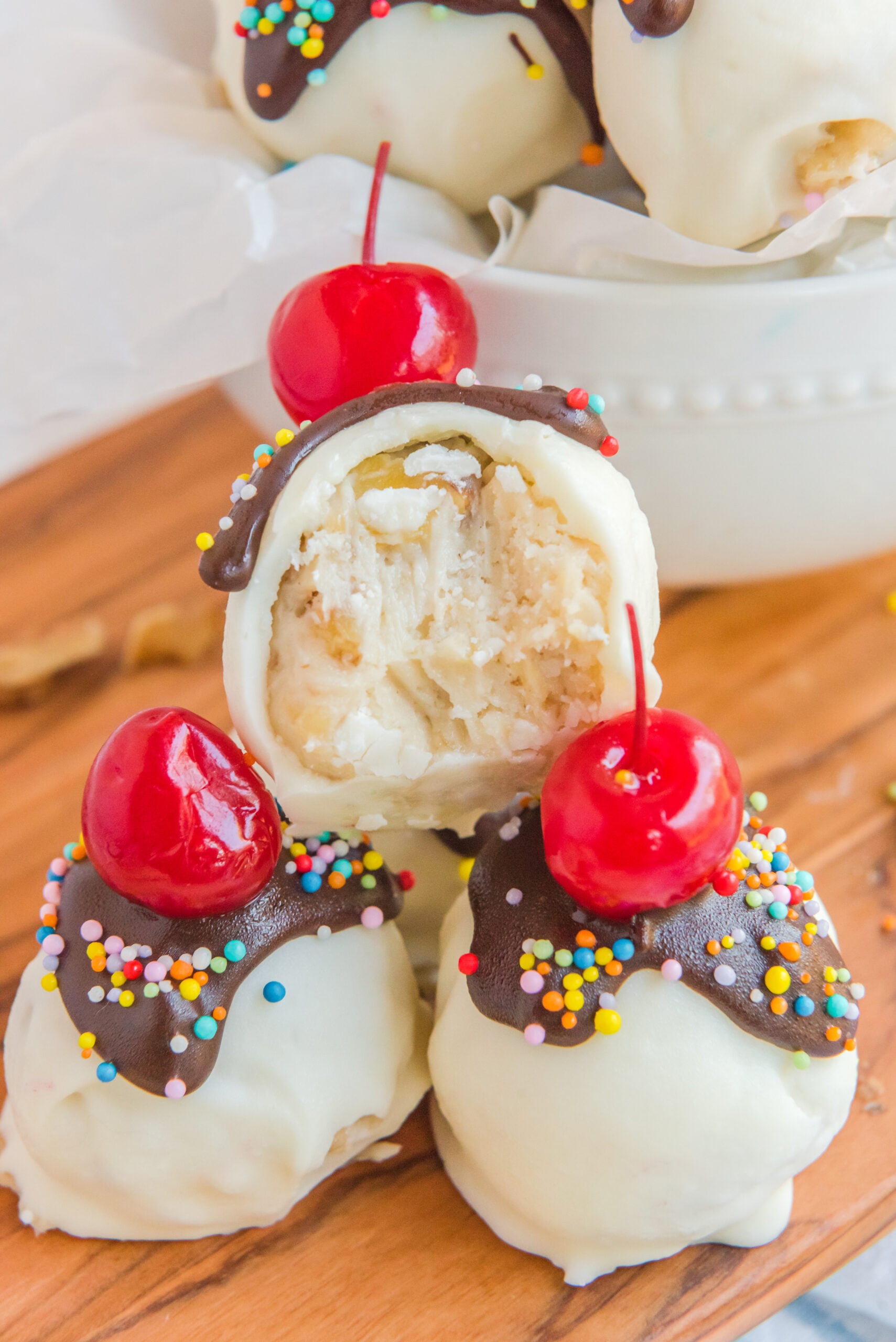 Front view of Banana Truffles with a bite taken out of the top one