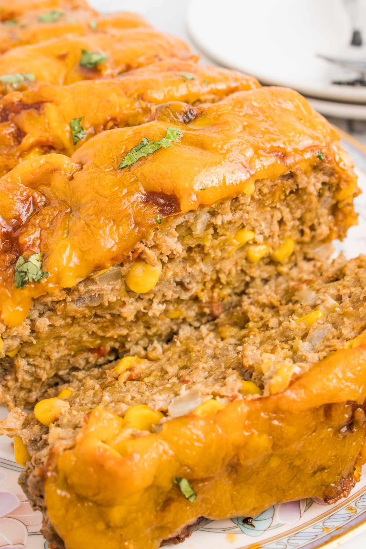 Taco meatloaf on plate sliced
