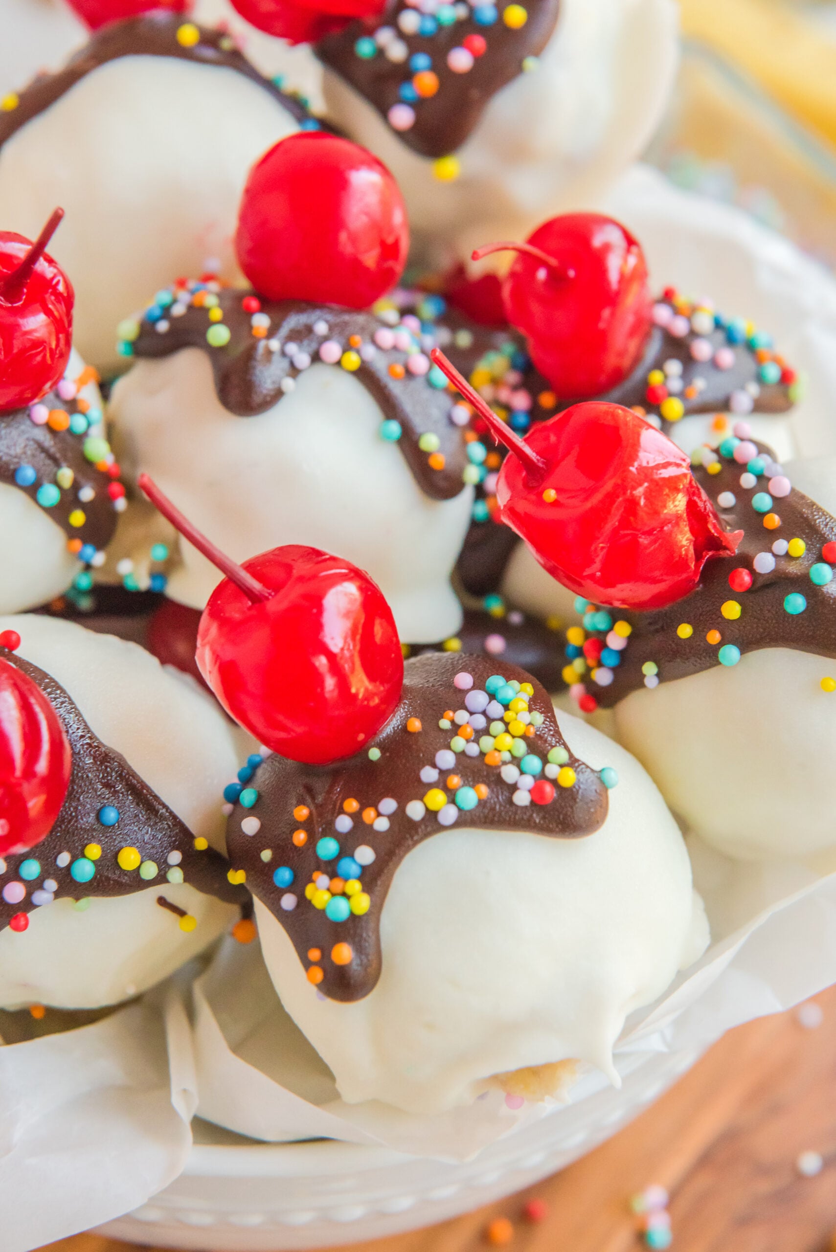 up close view of Banana Truffles in a white bowl