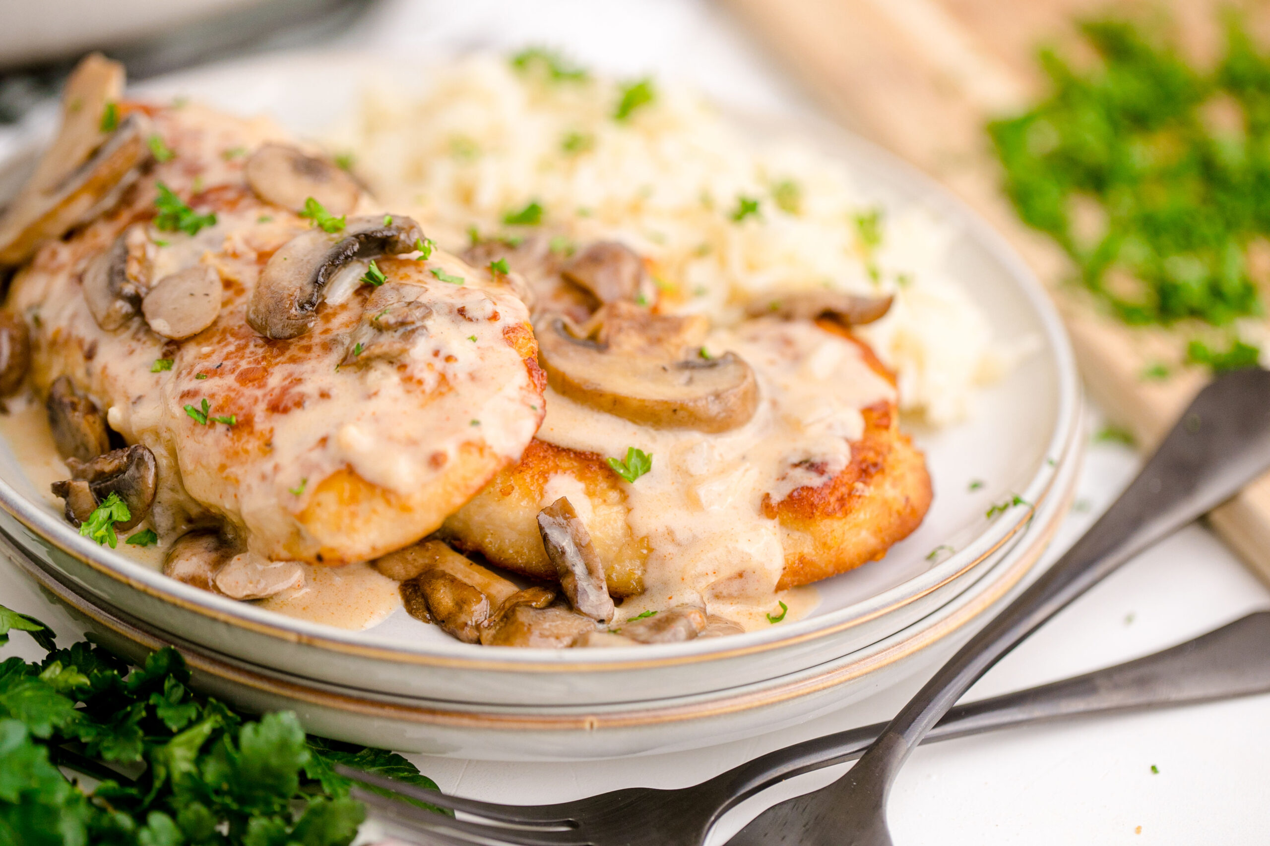 Chicken Marsala on a white plate