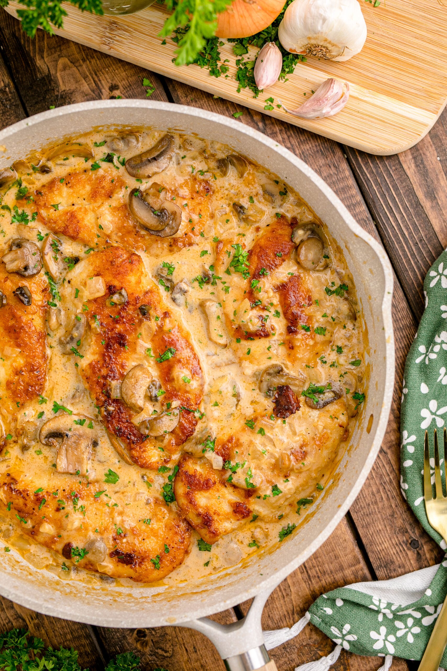 Chicken Marsala in a white skillet 