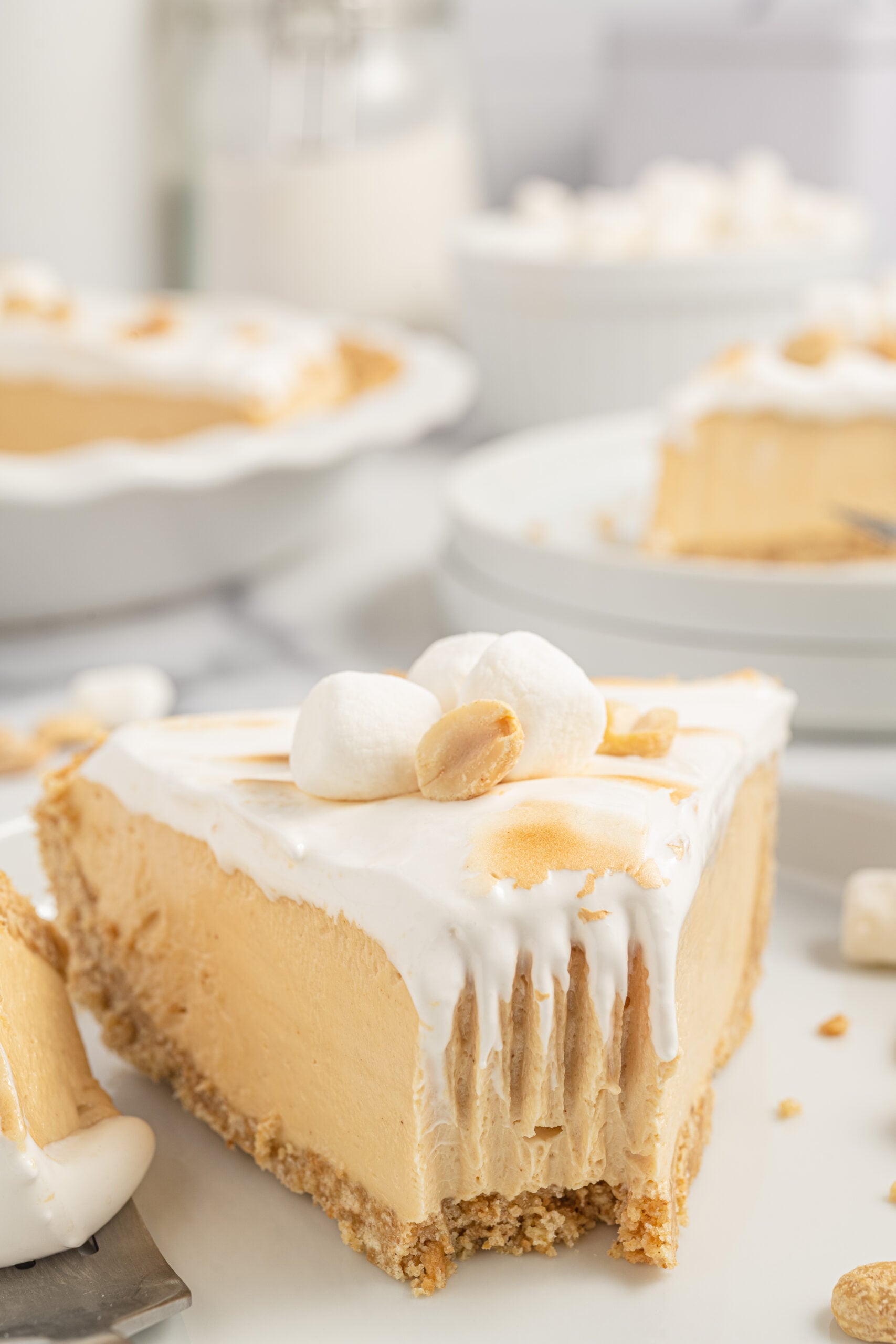 Up close shot of the fluffernutter Pie slice with a bite taken out