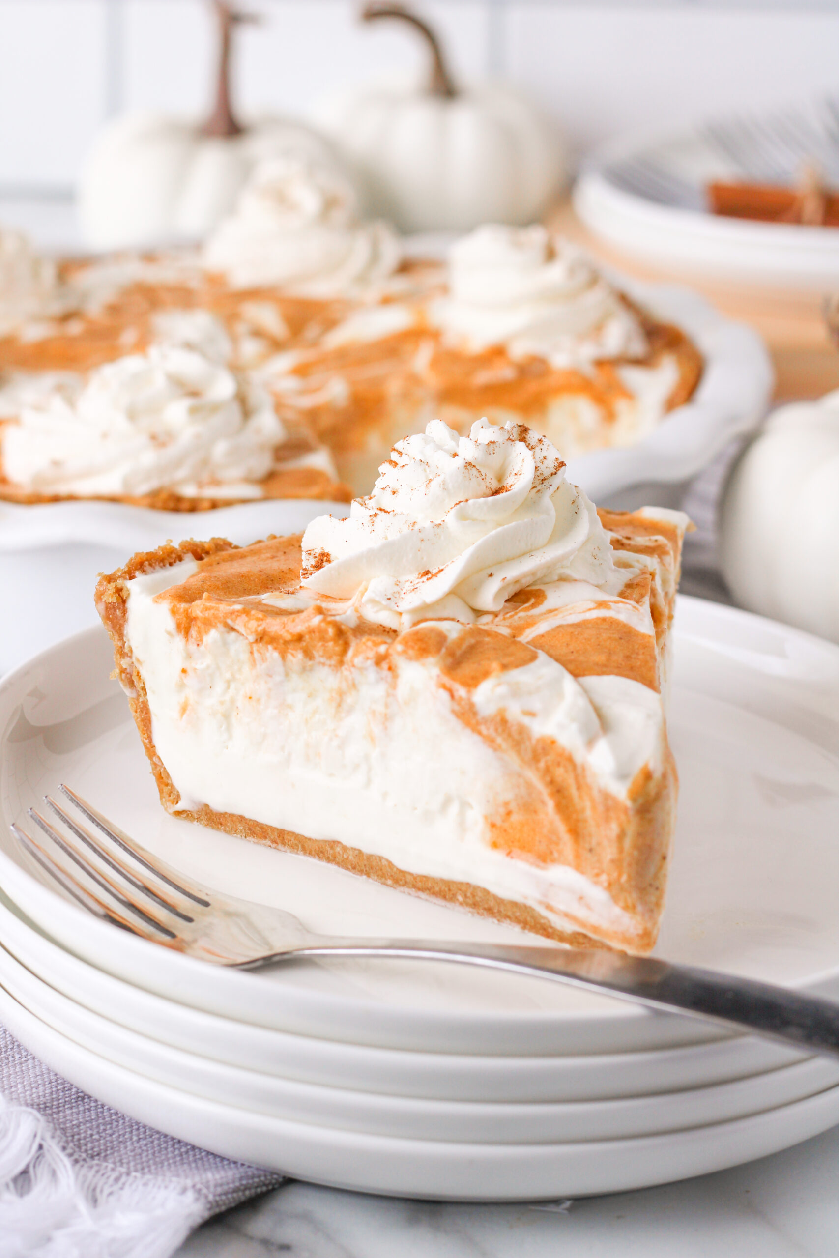 Pumpkin Ice Cream Pie Slice on a white plate