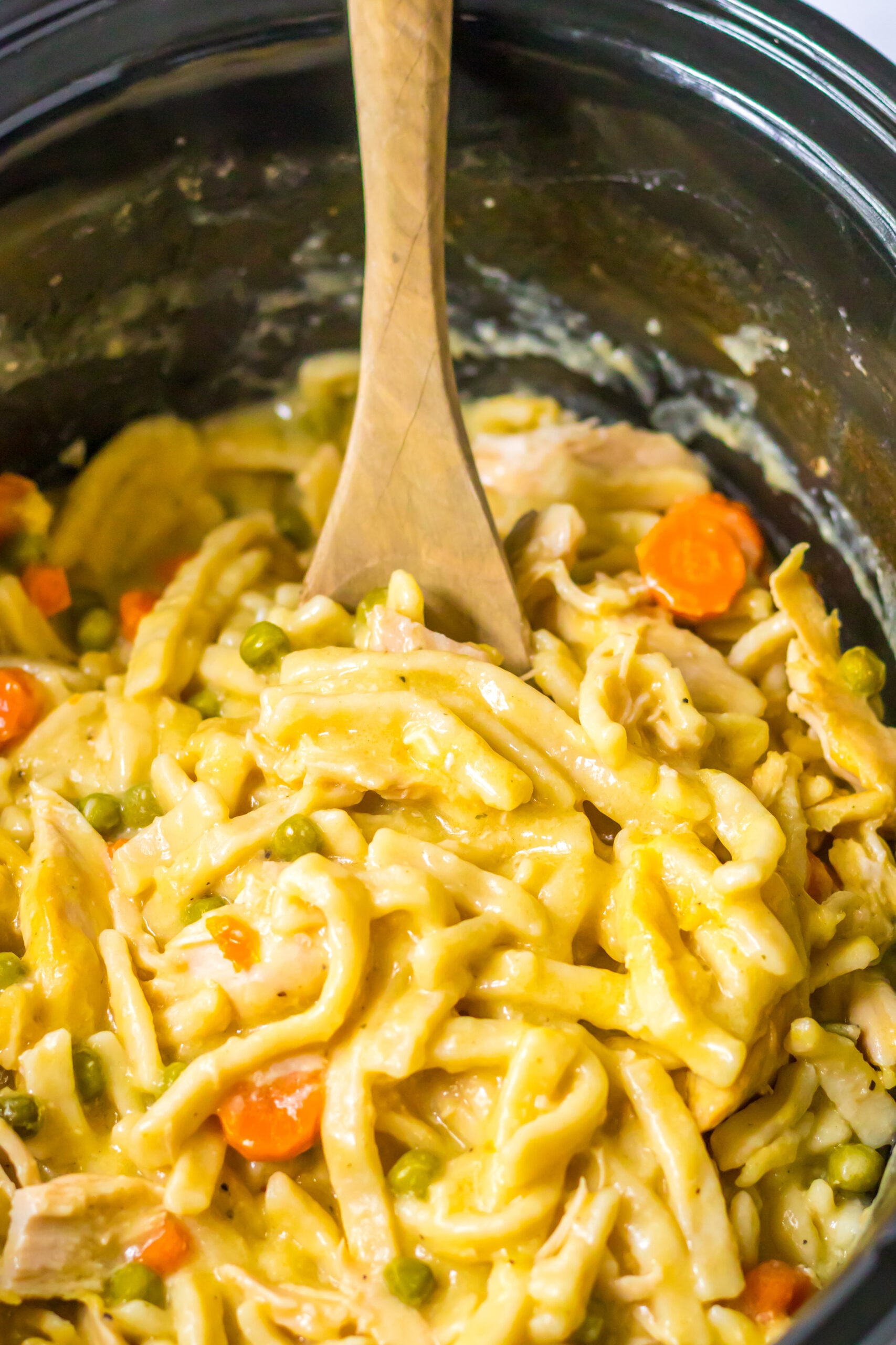 Crockpot Chicken & Noodles in a black crockpot