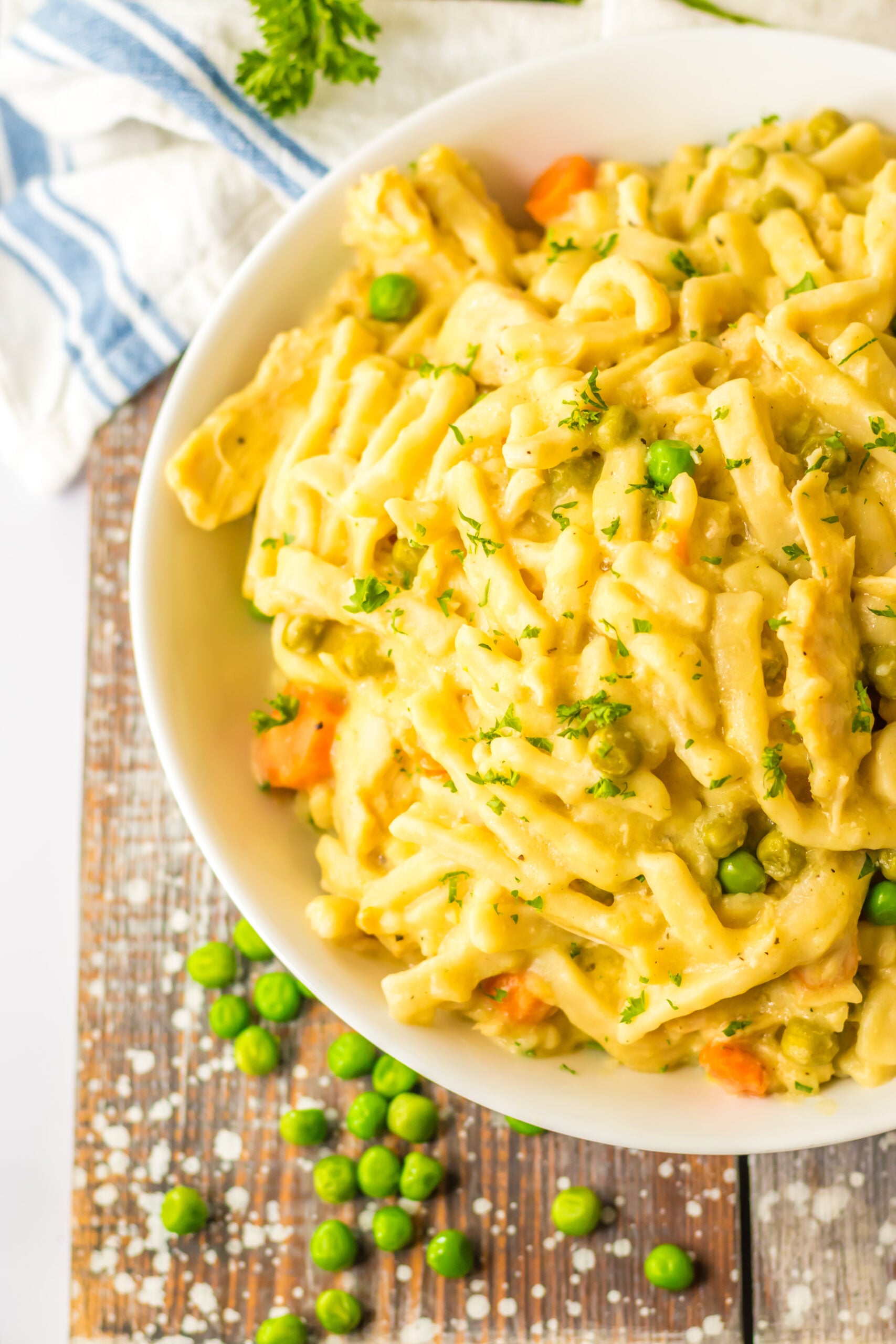Crockpot Chicken & Noodles in a white bowl