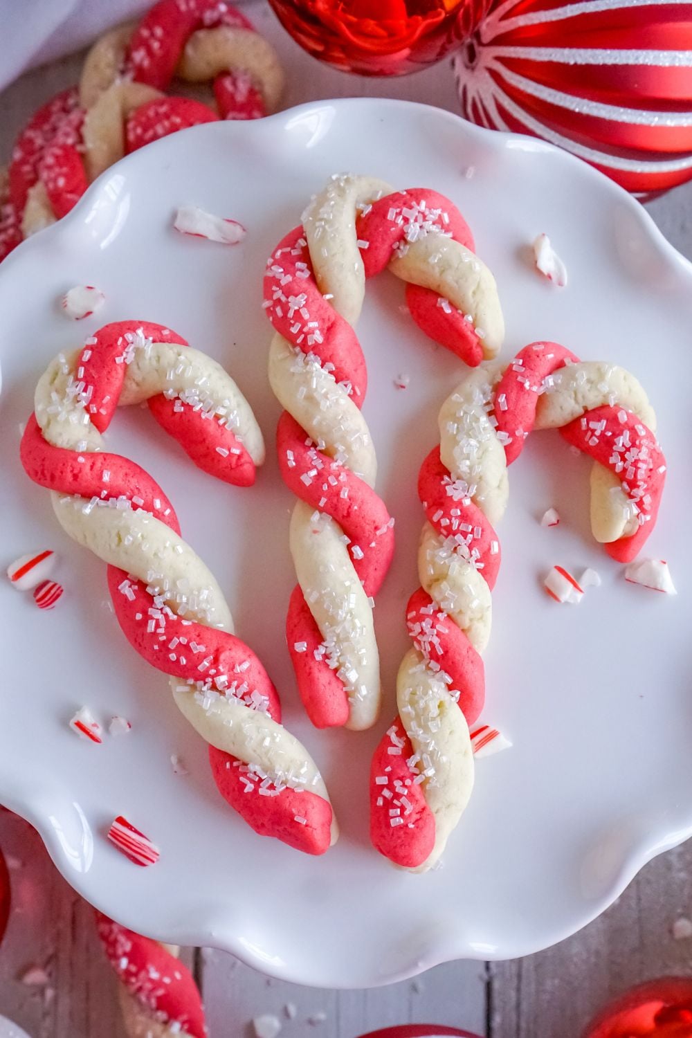 easy candy cane cookies on a white plate