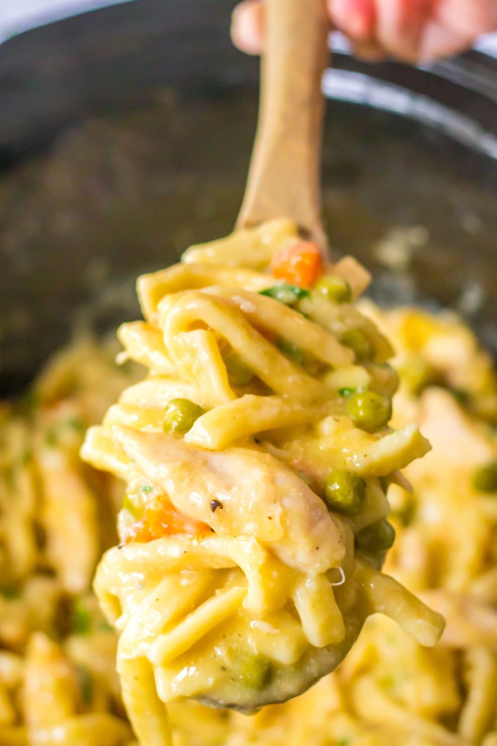 Crock Pot Chicken and Noodles on a wooden spoon