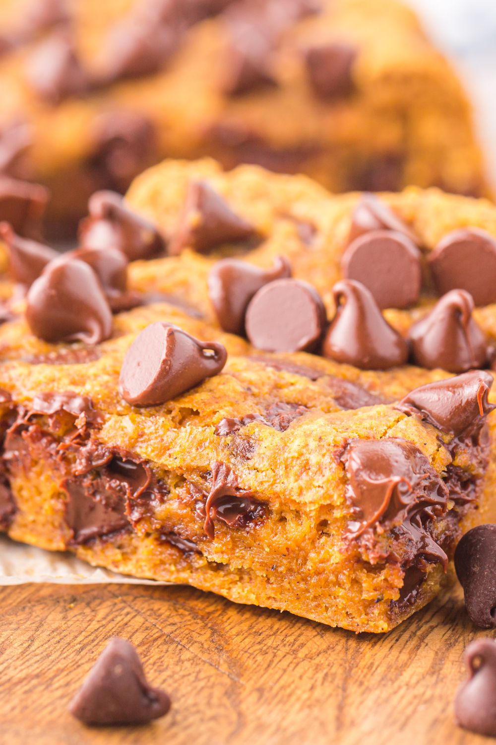 pumpkin bar on table with chocoalte chips around it