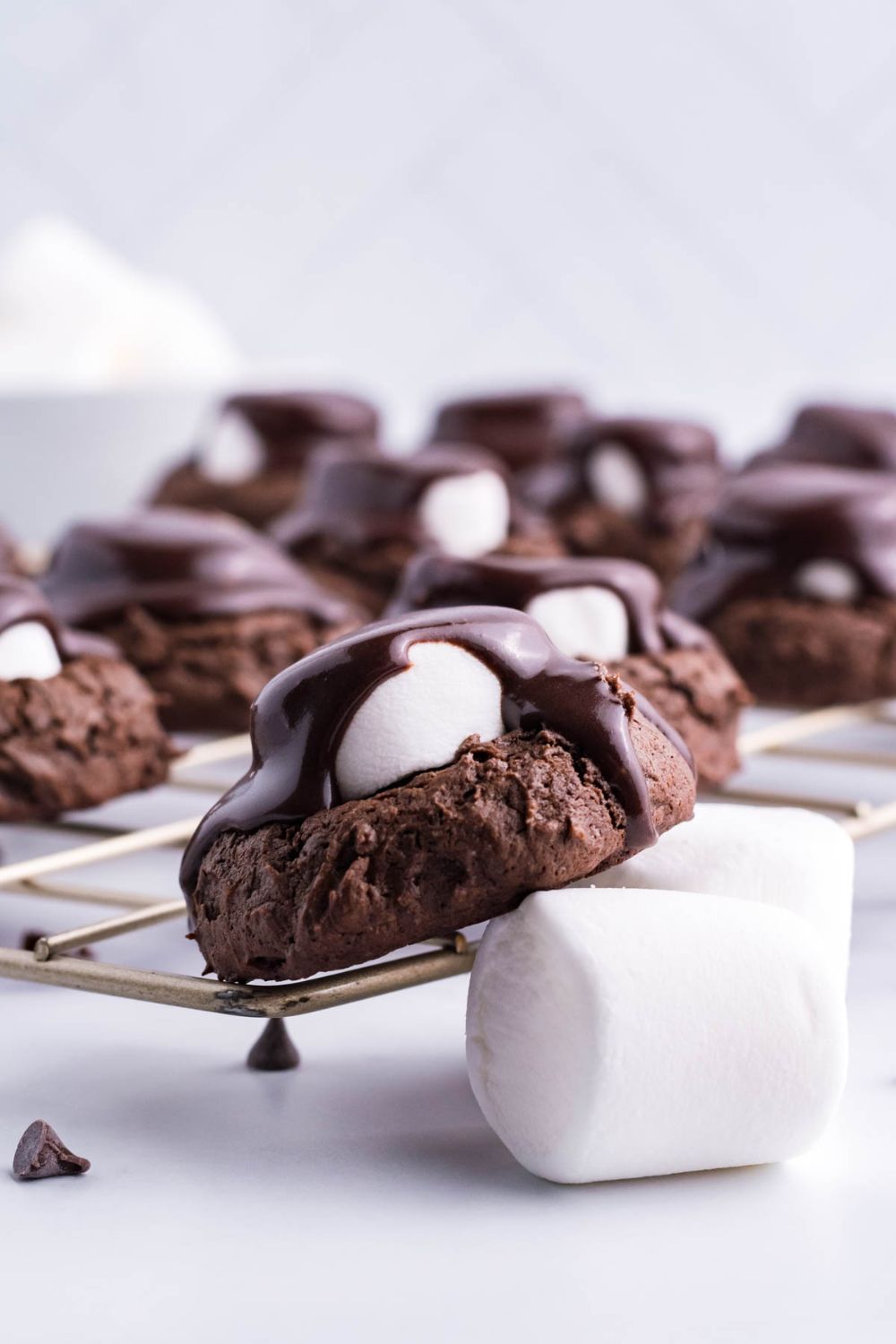 close up of cookie with chocolate topping and marshmallow on top