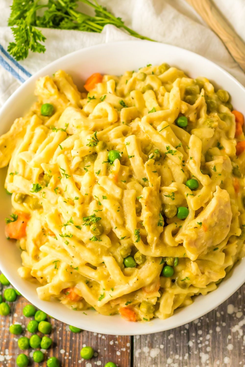 bowl of creamy chicken and noodles on table