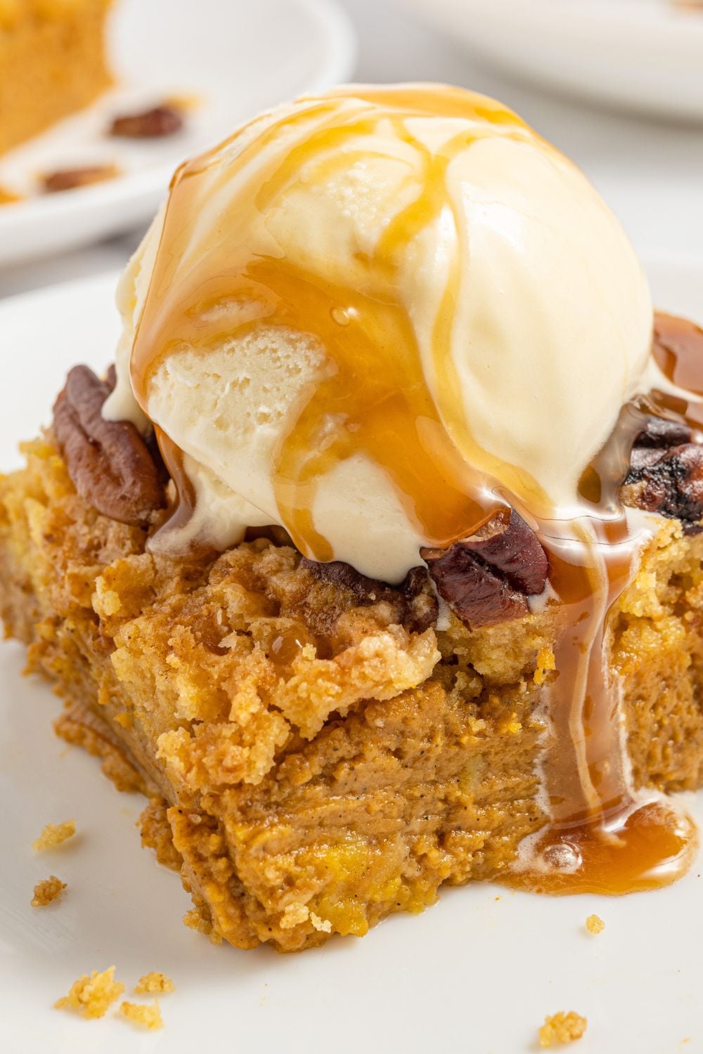 slice of cake on plate with ice cream and caramel sauce drizzle on top