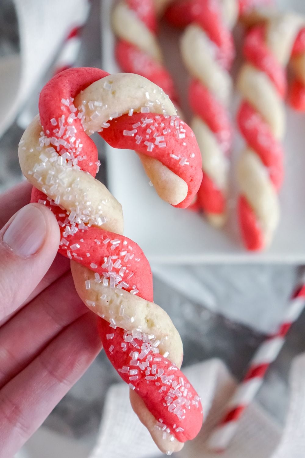 holiding a candy cane cookie in hand