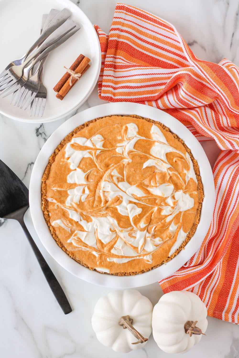 overhead shot of pie on a marble countertop