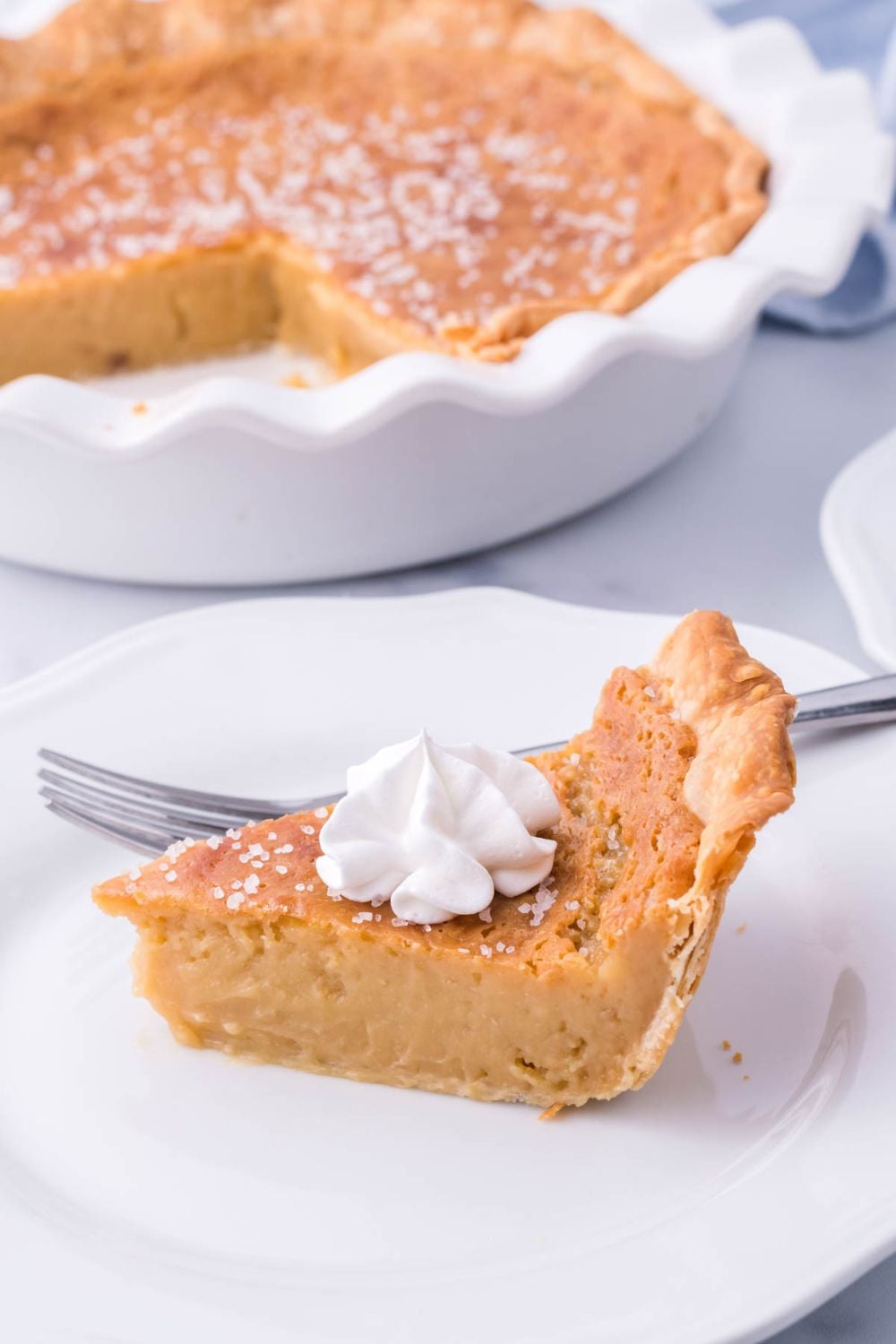 slice of pie on a plate with full pie behind it