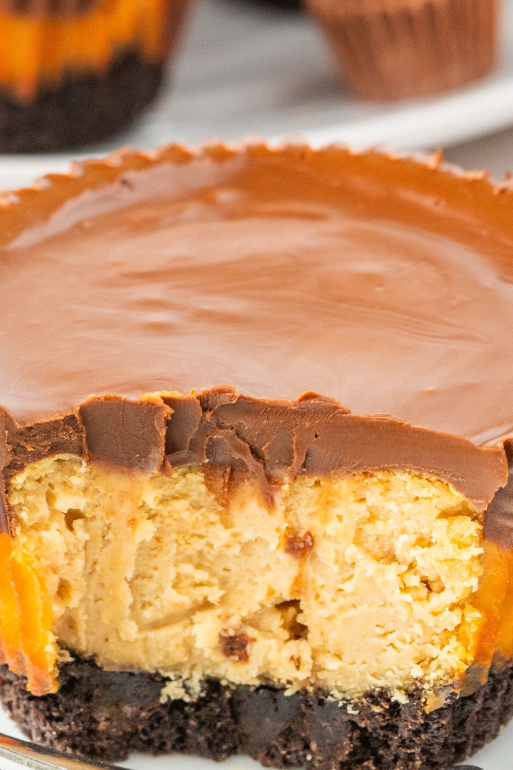 muffin tin cheesecakes with bite taken out of it to see layers on table