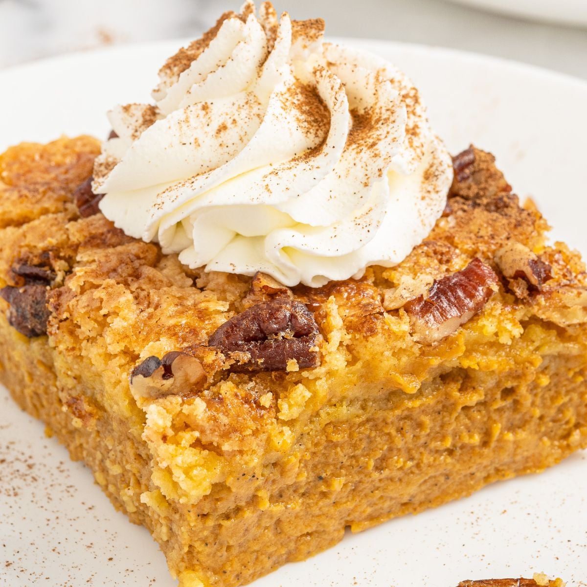 Pumpkin Dump Cake on plate with a dollop of whipped cream on top