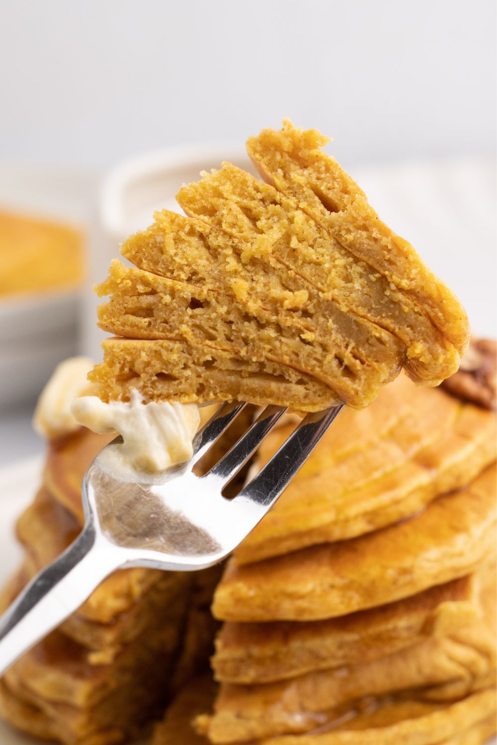 pumpkin pancakes on a fork