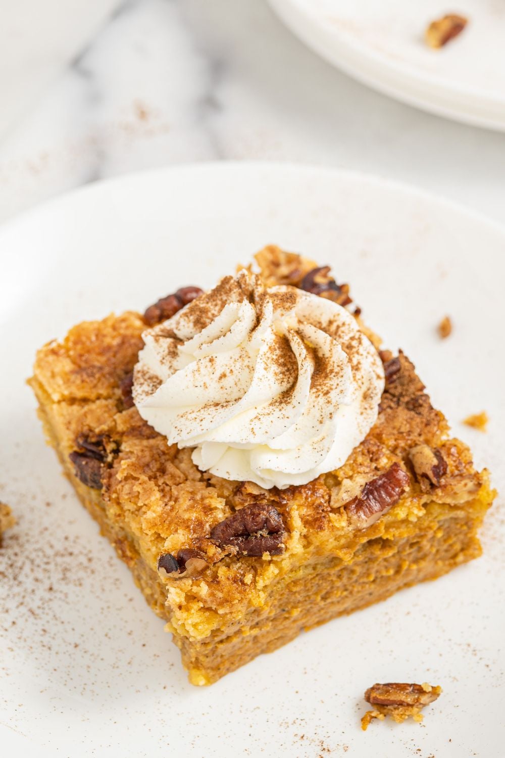 pumpkin pie cake on plate with whipped cream on top