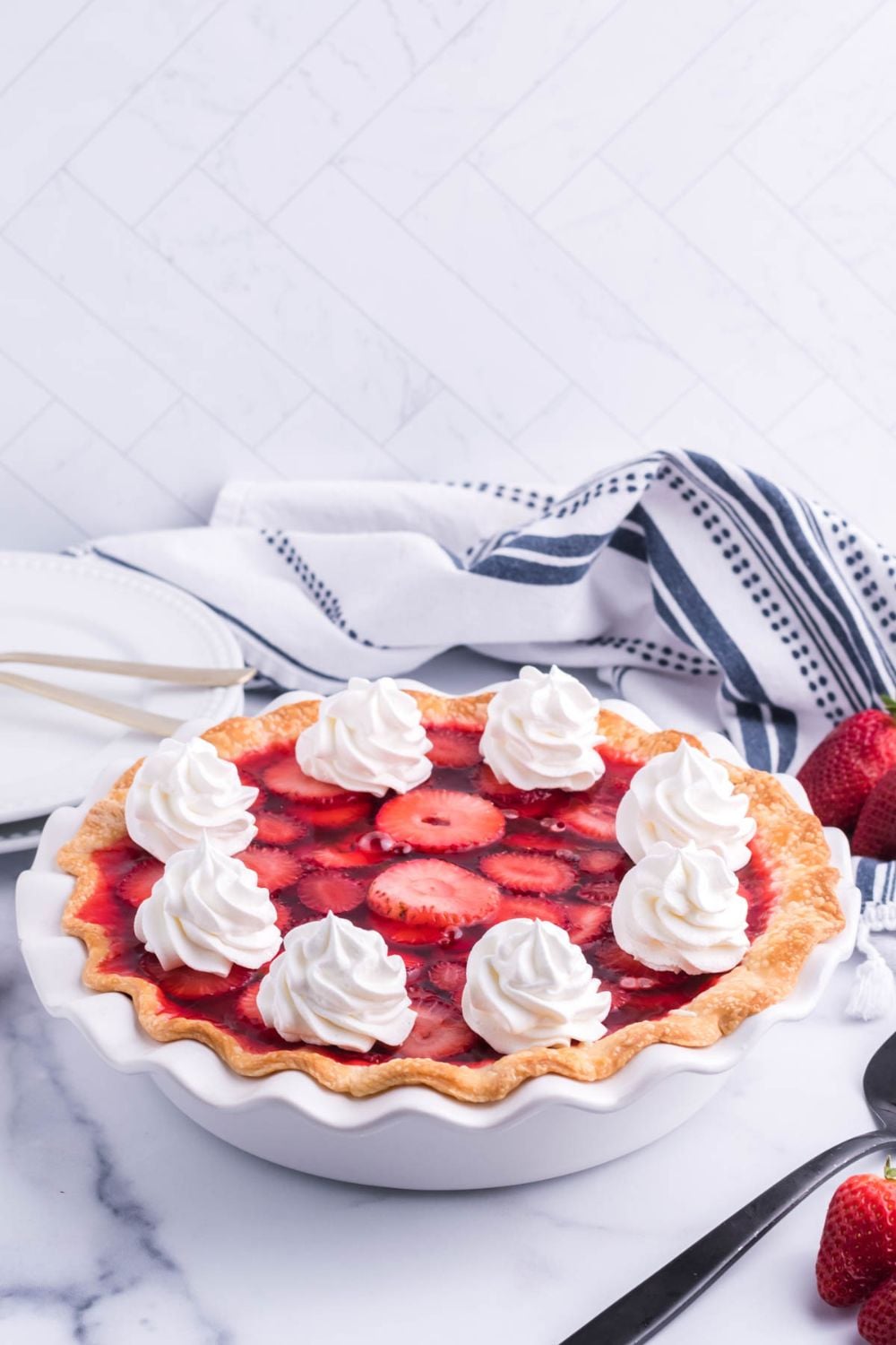 overhead shot of pie on table
