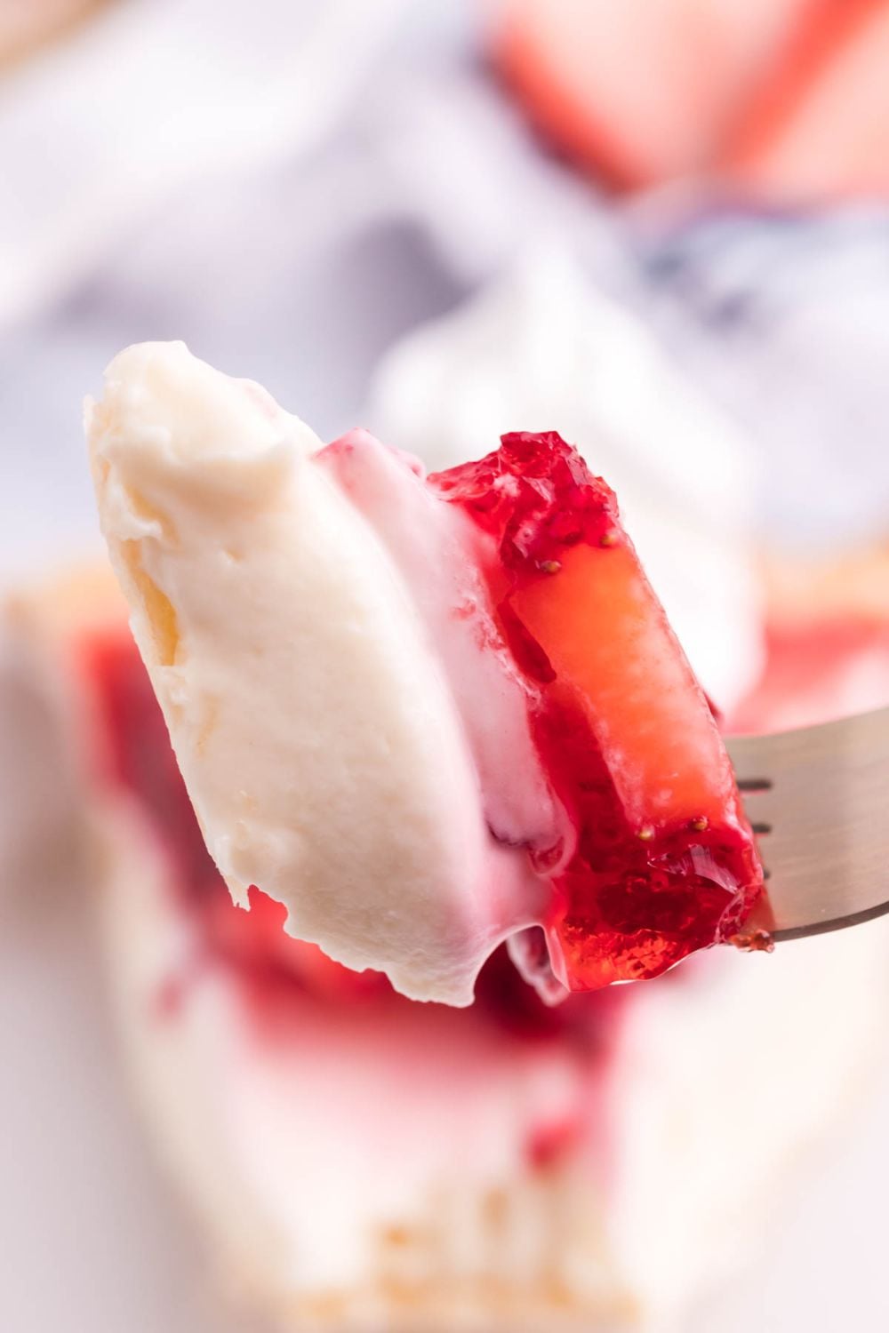close up view of slice of pie on fork