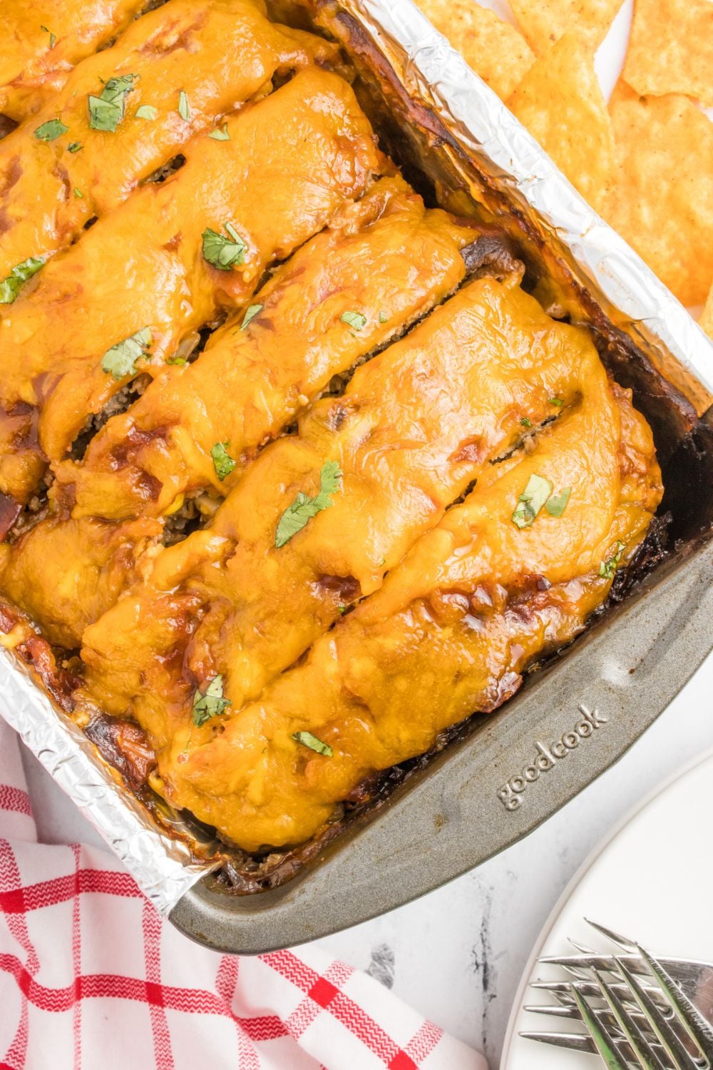 meatloaf sliced in a pan on table