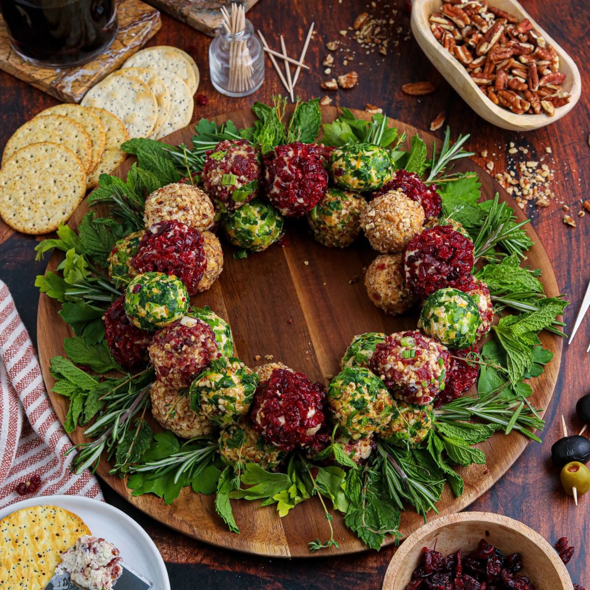 overhead view of a cheese ball wreath platter on table