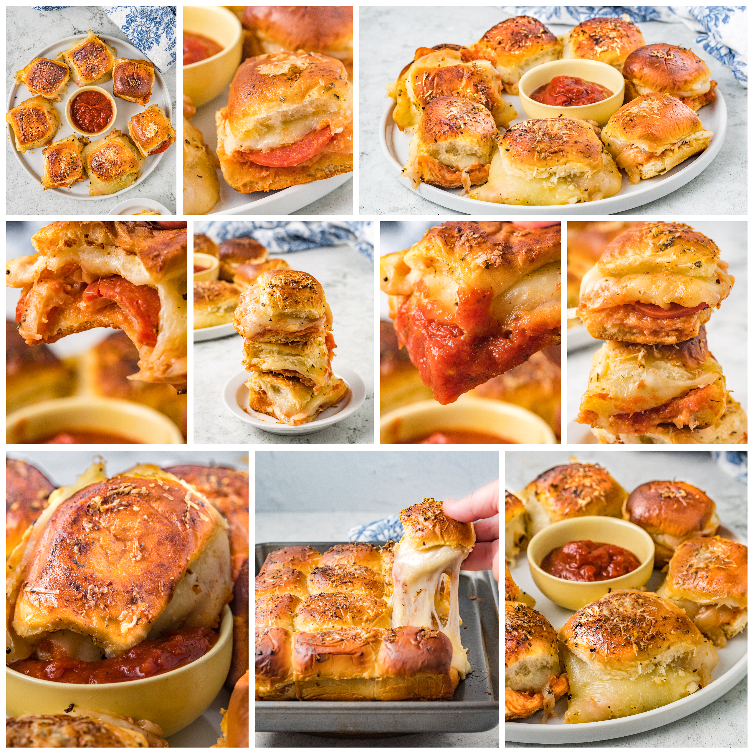 Collage of photos of the Pizza sliders on a white plate with a bowl of marinara sauce in the center.