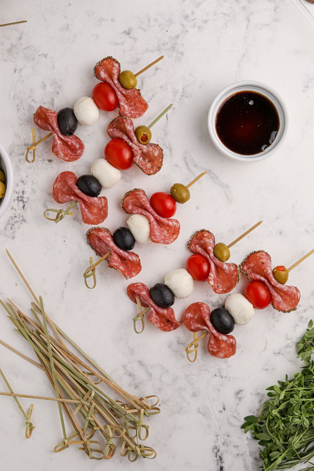 antipasto appetizer on skewers