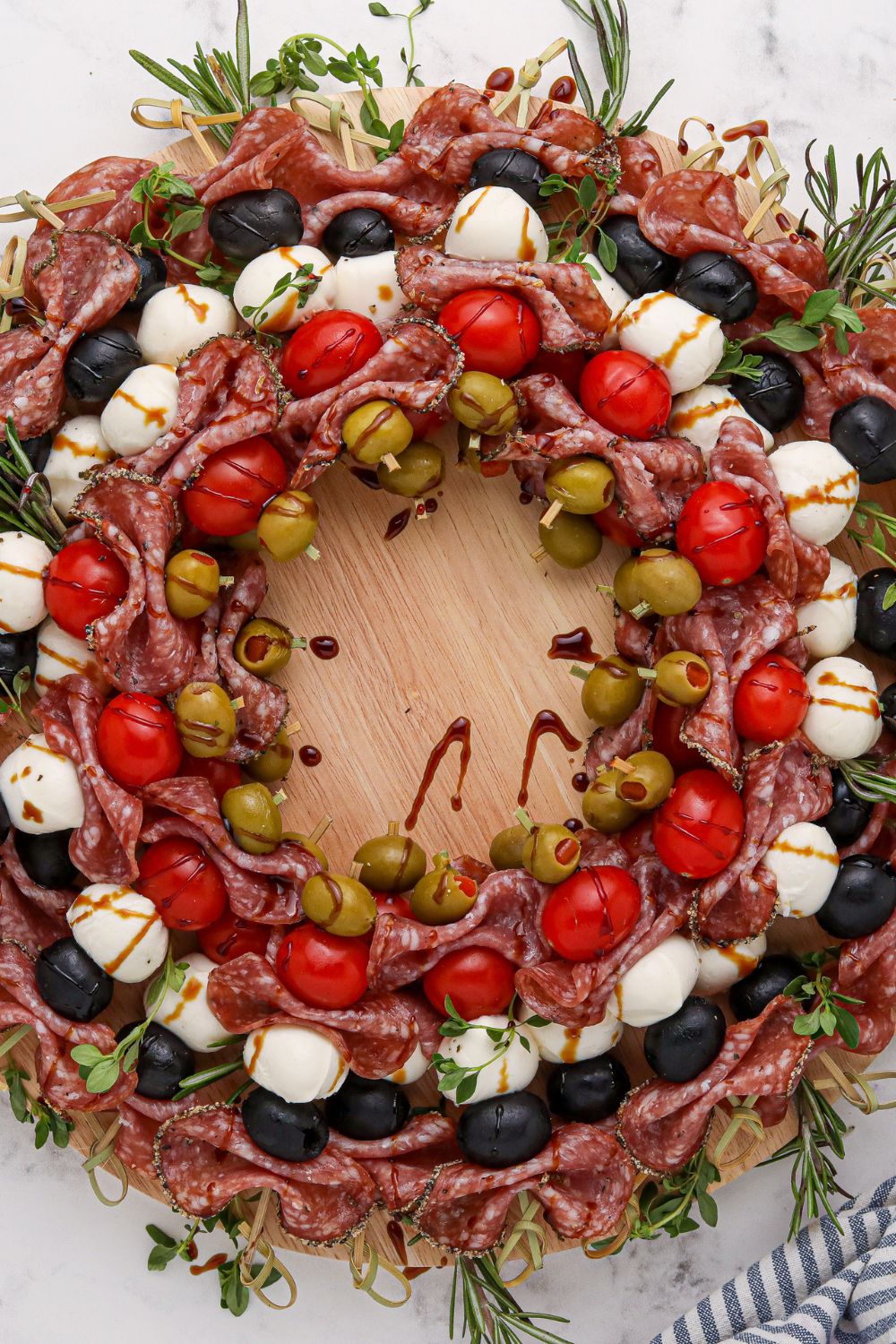 overhead look of an antipasto wreath on table