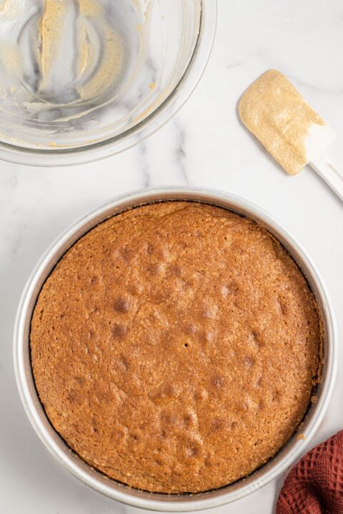 cake in pan on marble counter