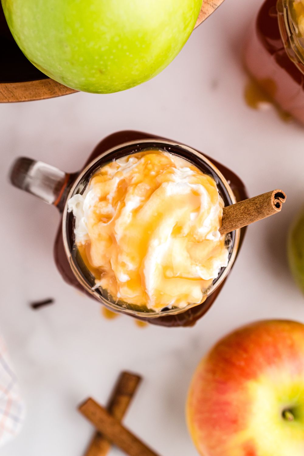 overhead shot of apple cider in a mug