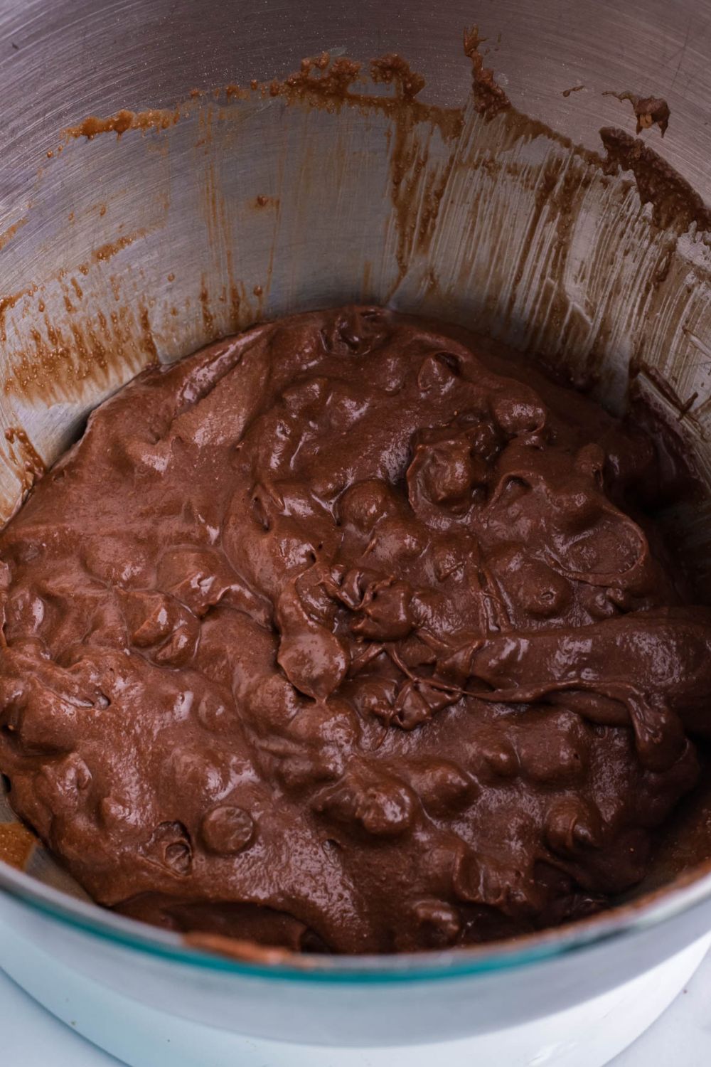 chocolate chip brownie batter in stand mixer