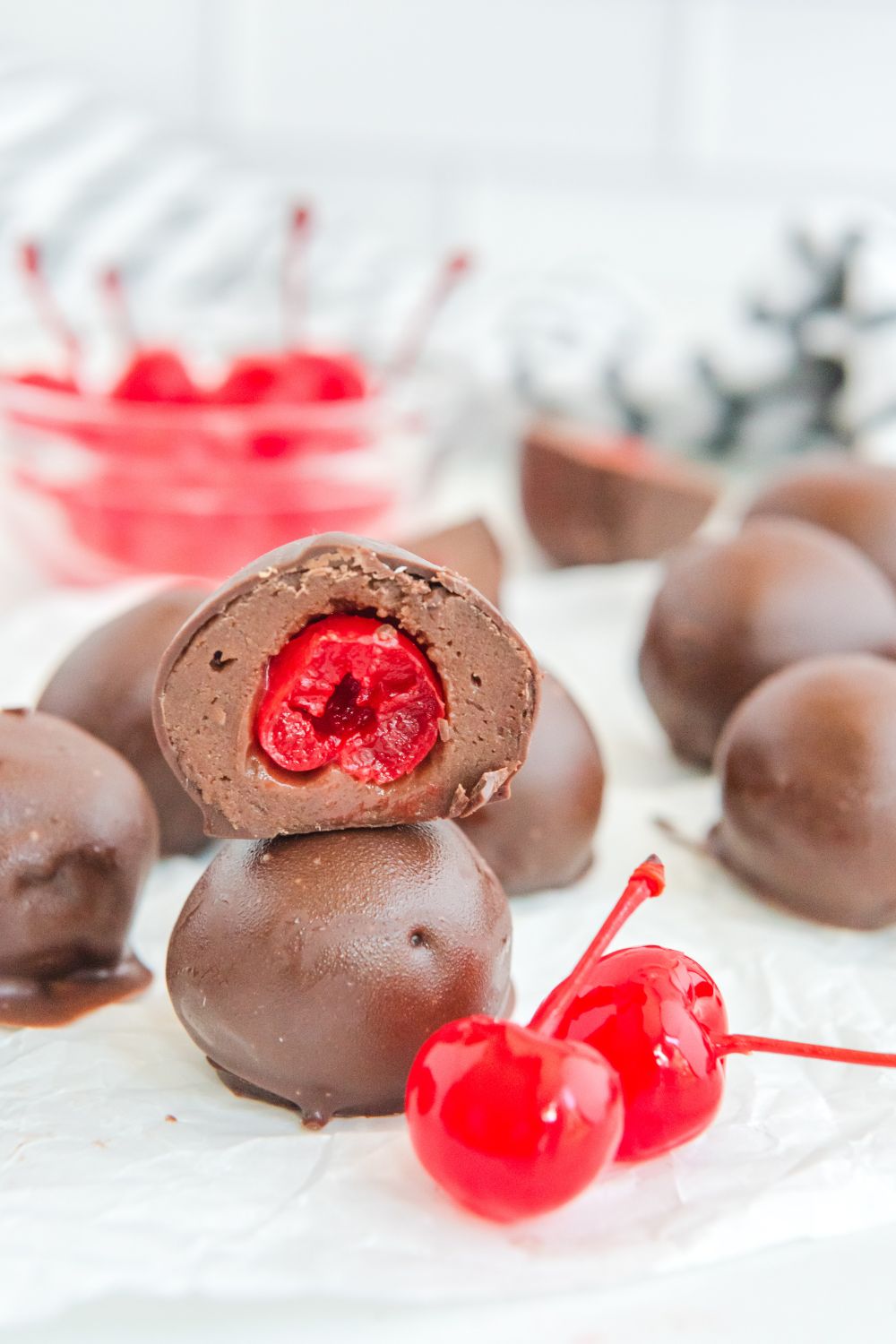 Cherry Brownie Bites cut and stocked on counter 