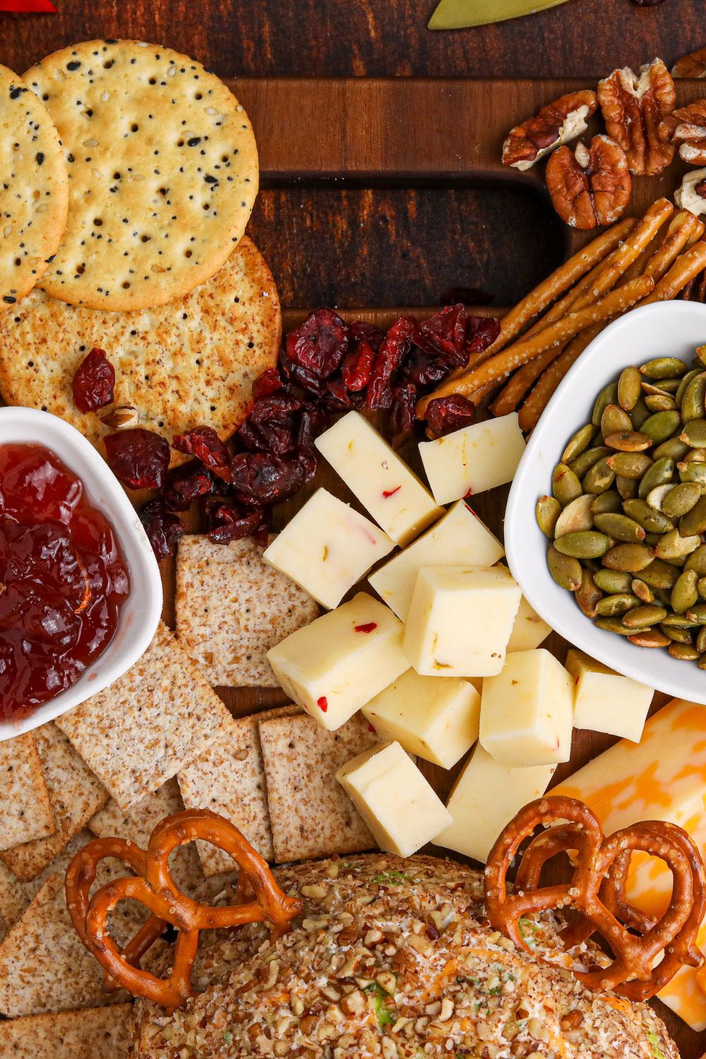 side view of charcuterie board to show a close up