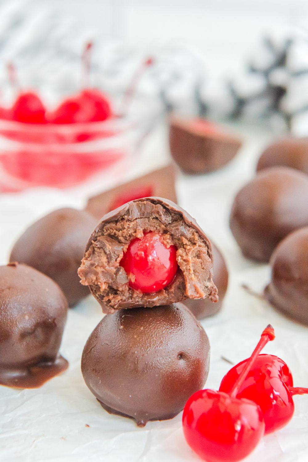 chocolate brownie cherry bombs stacked on table