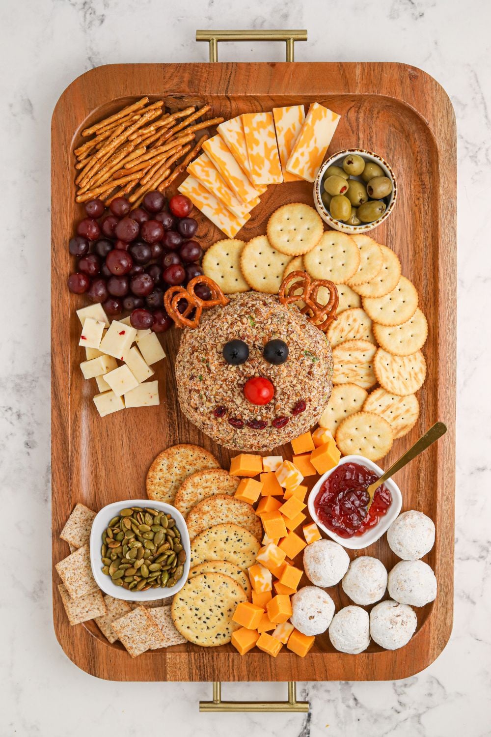 rudolph cheese ball and assembling snack board