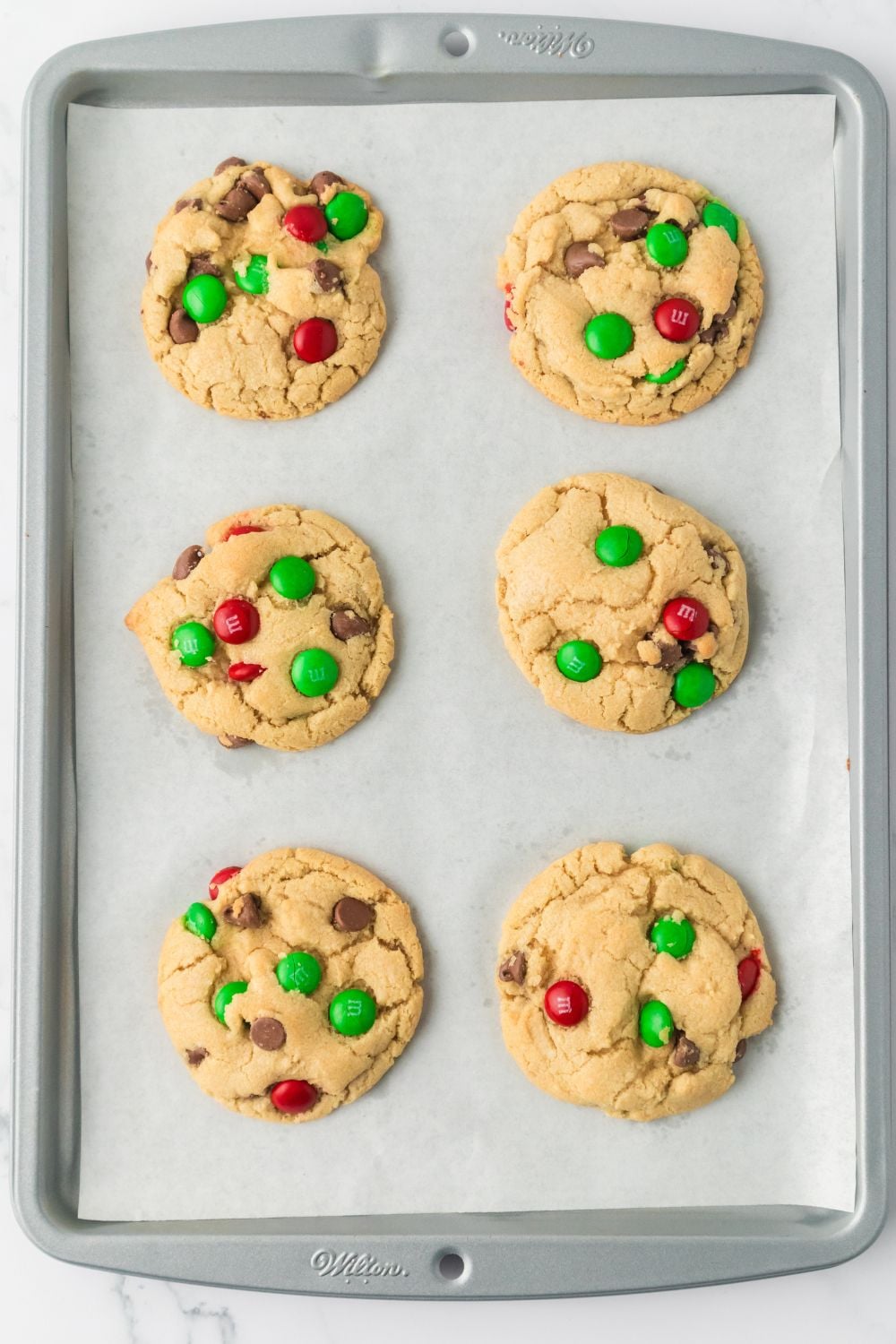 Christmas M&M Cookies on a baking tray