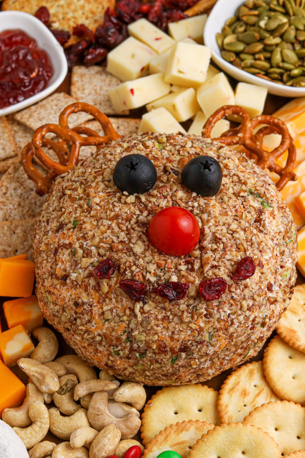 close up of reindeer cheese ball on snacking tray