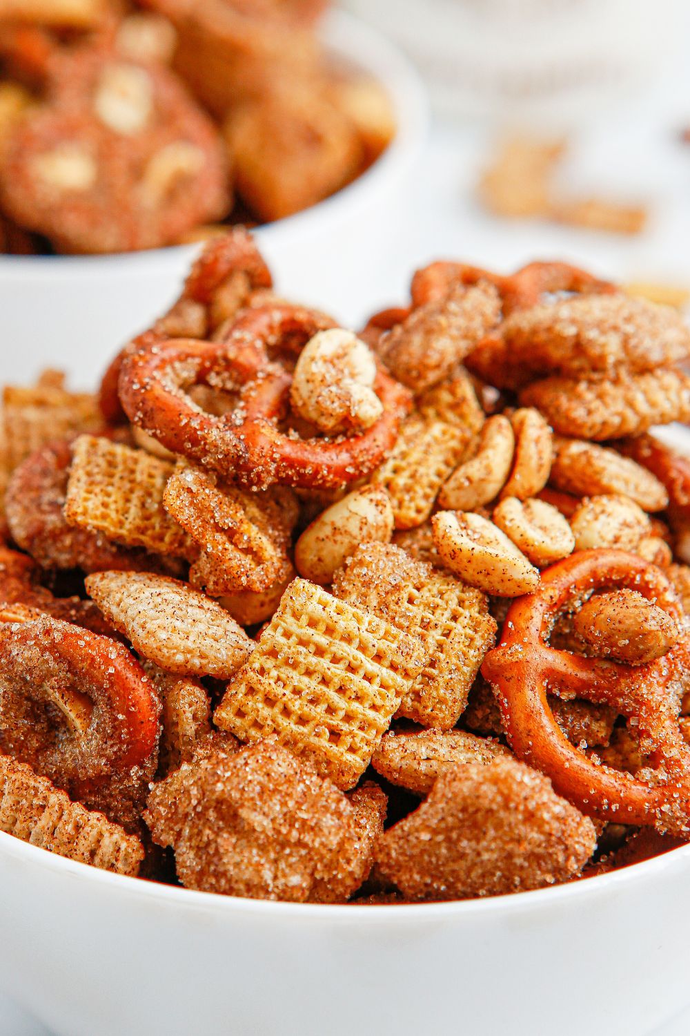 close up of snack mix in a bowl