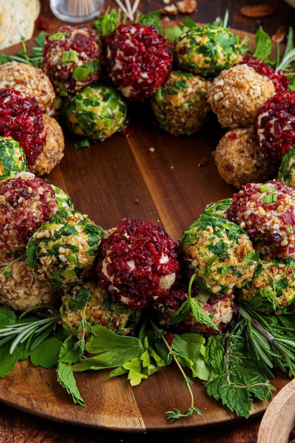 side view of cheeseball wreat on a wooden table