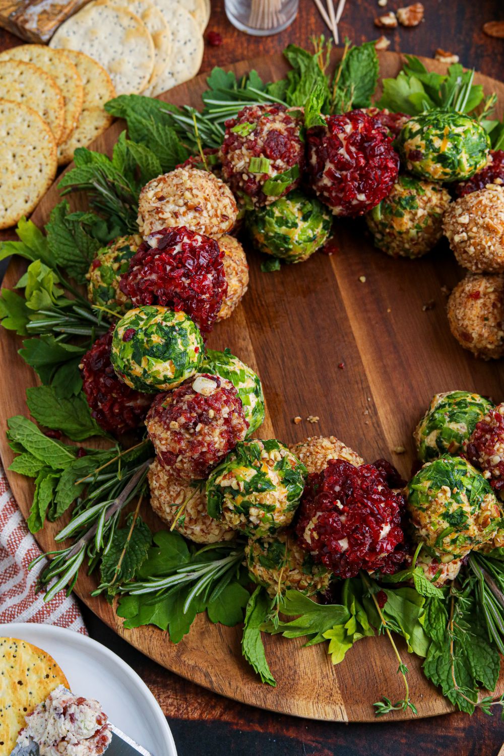 cream cheese balls on wooden tray