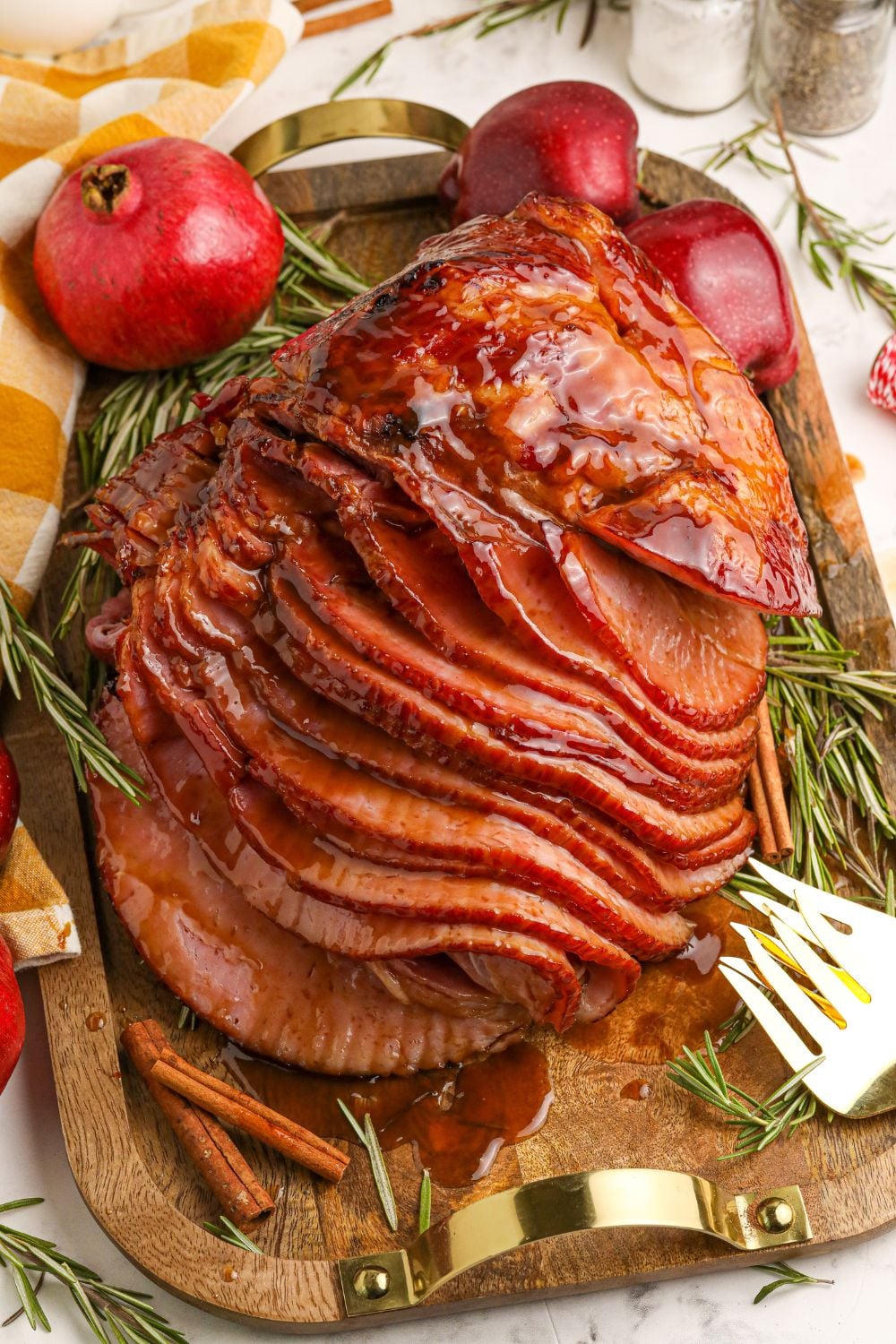overhead shot of ham on cutting board