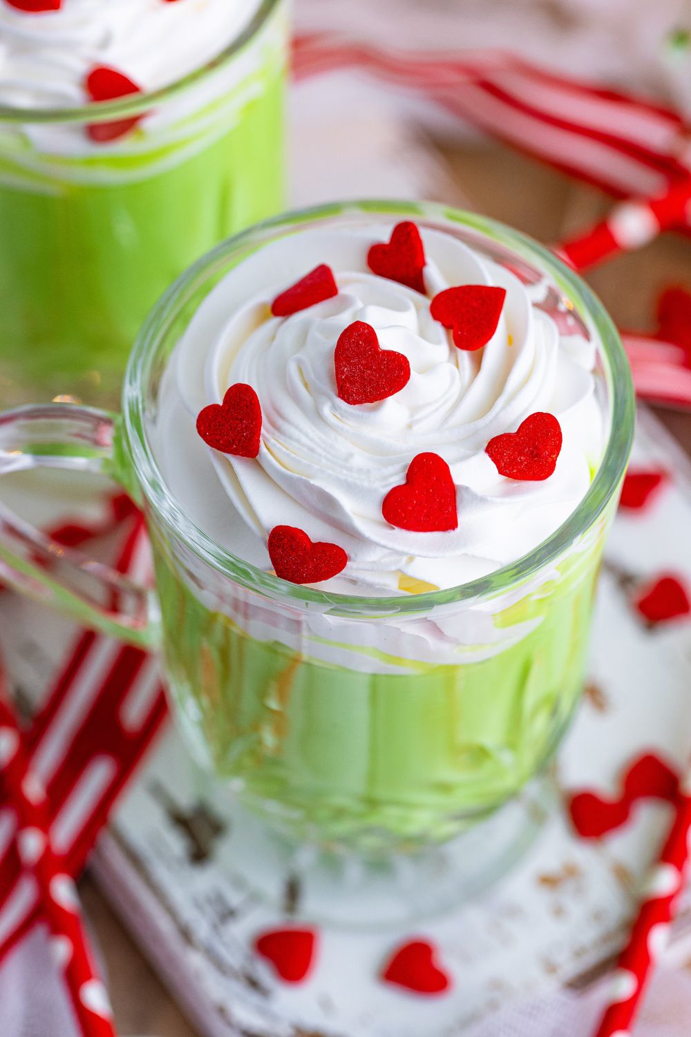 overhead shot of grinch hot chocolate in glass