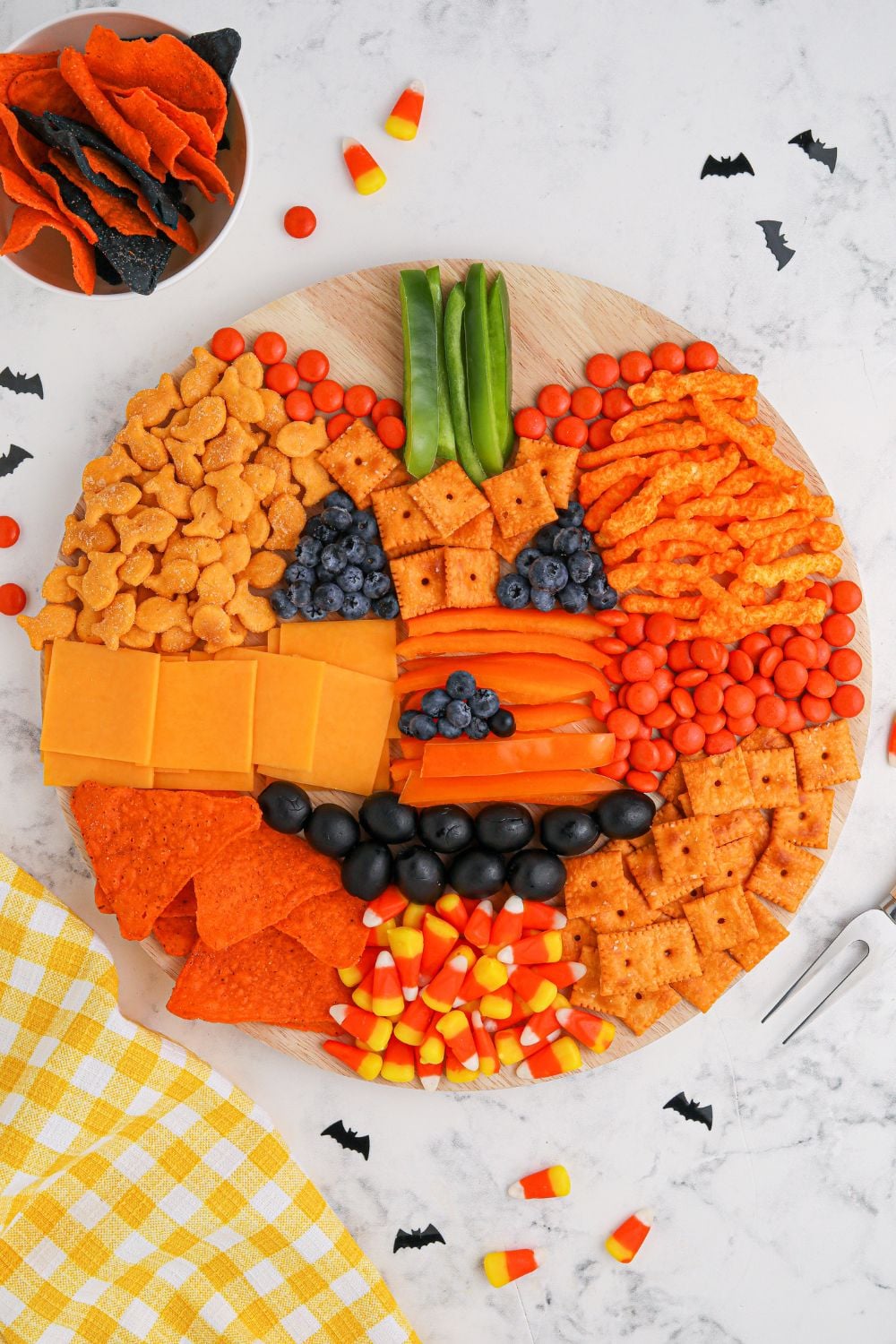 overhead look of charctuerie pumpkin board