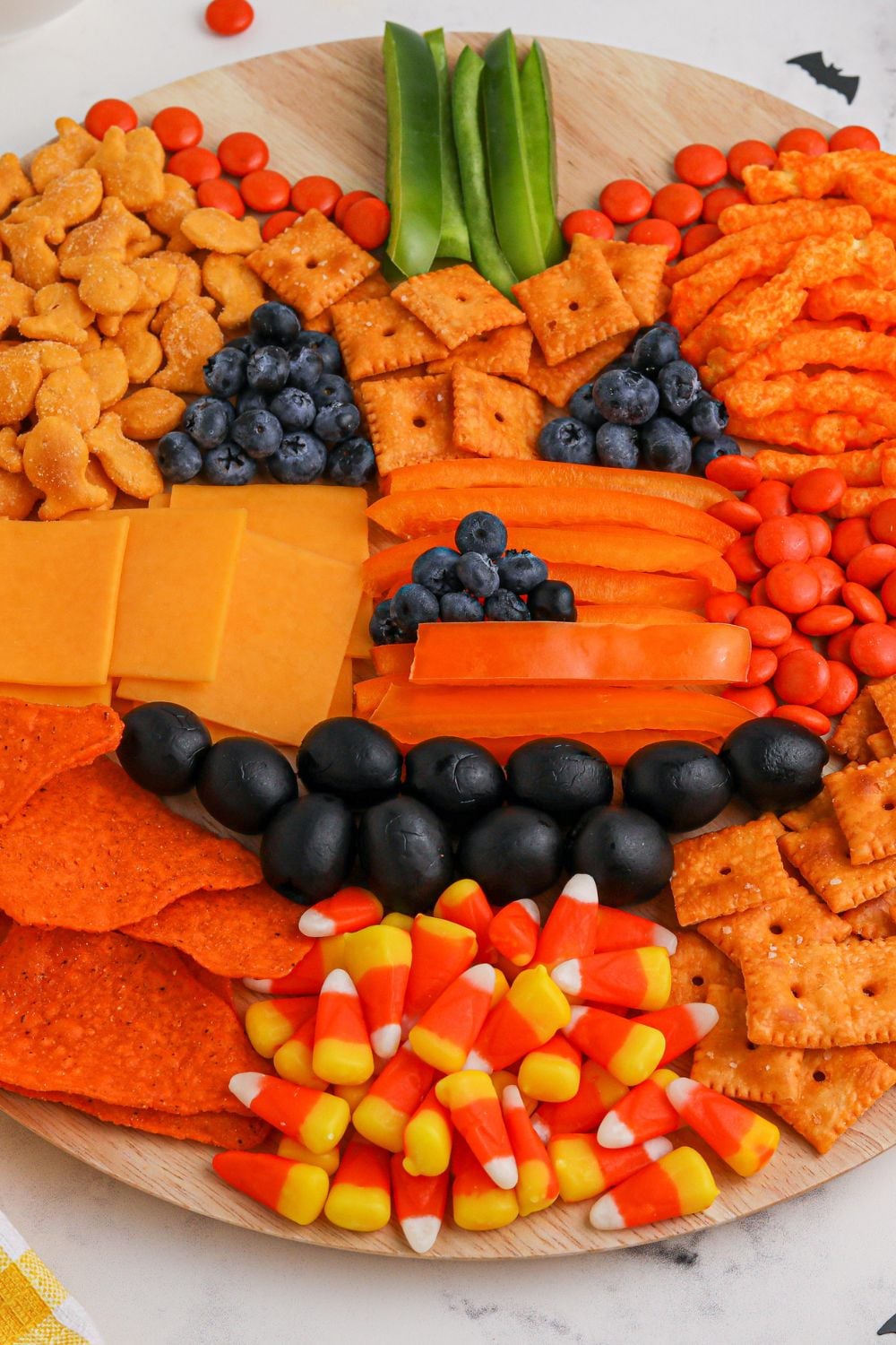 overhead of pumpkin snack board