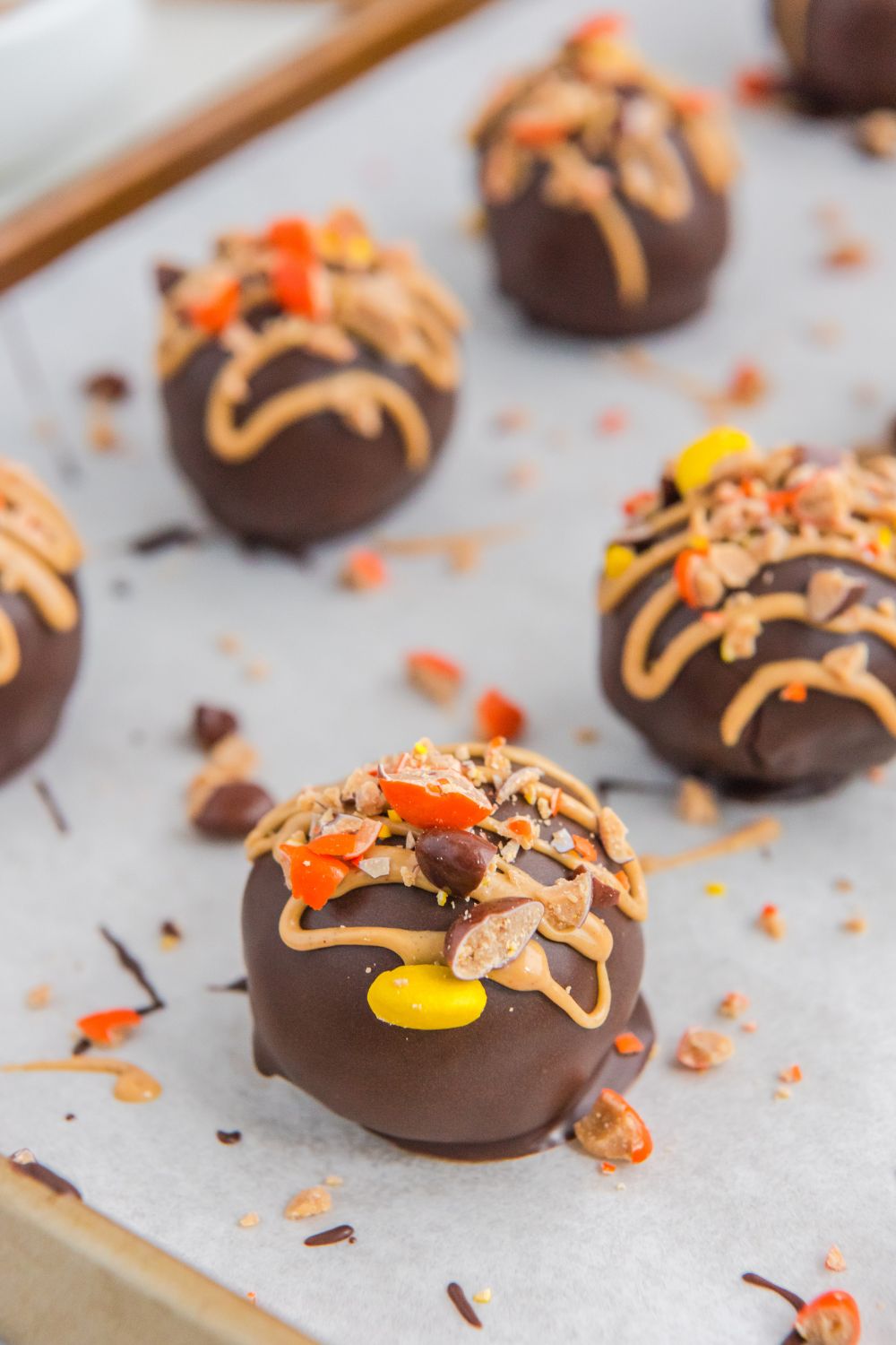 oreo reese's truffles on cookie sheet