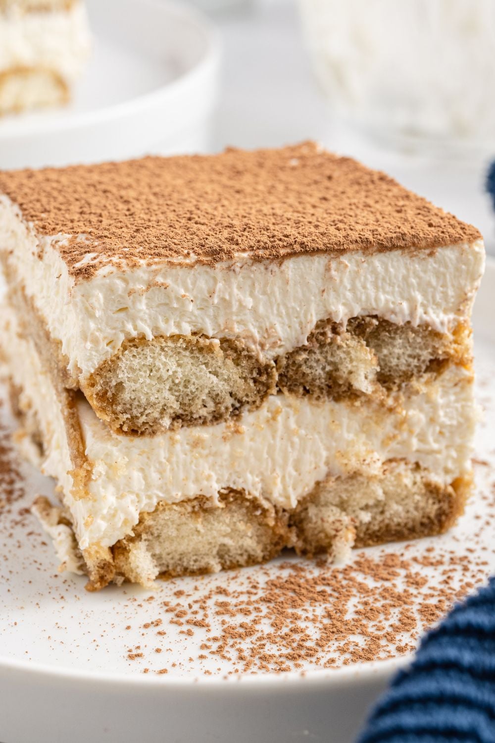 Tiramisu sliced on plate with cocoa powder on top